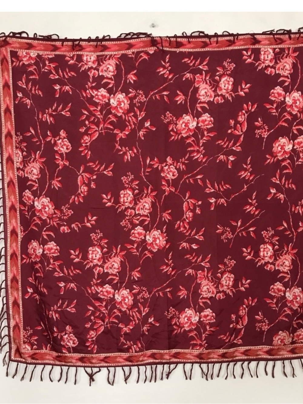 Lucky Brand Large Floral Silk Scarf With Tassels